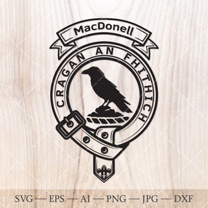 Insigne d’écusson MacDonell SVG, clan écossais svg, écusson familial svg. Armoiries svg. Ceinture écossaise héraldique avec boucle SVG. Crête de clan svg