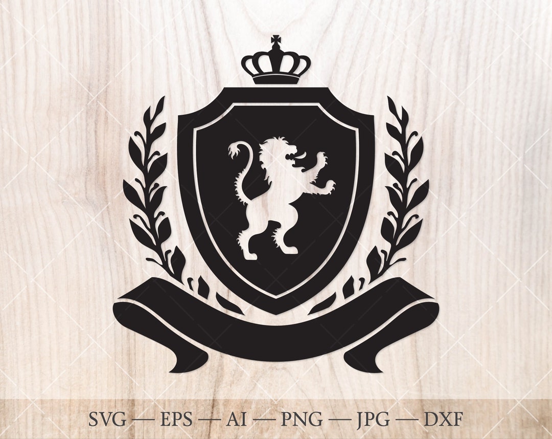 ライオン、王冠、月桂冠が付いた盾の SVG。家紋のロゴ。紋章の SVG