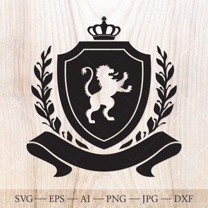 Escudo con león, corona, corona de laurel SVG. Logotipo del escudo de la familia. escudo de armas svg.