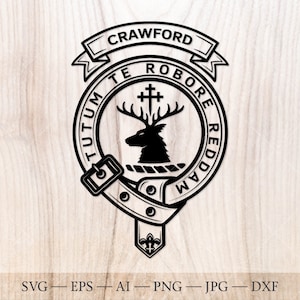 Insigne d'écusson Crawford SVG avec cerf et croix, svg du clan écossais, écusson familial svg. Armoiries svg. SVG héraldique. Emblème du clan svg