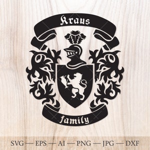 Kraus Family crest SVG. Coat of arms svg. Heraldic shield with lion holding the jug, ribbon banners SVG.