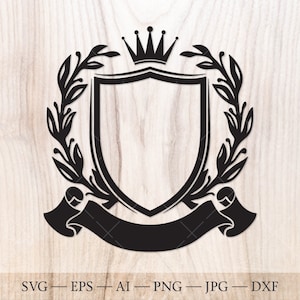 Familienwappen SVG - Ritterschild mit Krone, Lorbeerkranz und Ribbon Banner SVG. Wappen SVG Vorlage. Familienwappen Clipart