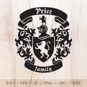 Brasão da família Price. Brasão de armas svg. Escudo heráldico com leão, faixa de fita SVG.