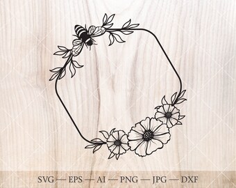 Honey Bee Hexagon Rahmen SVG, Blumenkranz Clipart (digitaler Download)