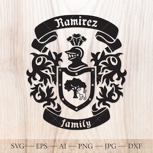 May include: Black and white silhouette of a coat of arms with the text "Ramirez family". The coat of arms features a knight's helmet, a tree, and a lion.