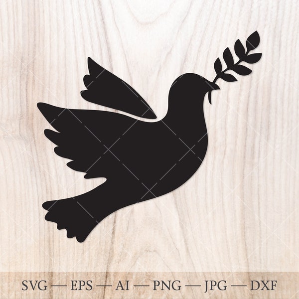 Flying dove with olive branch SVG silhouette, Dove svg, bird silhouette, Peace sign SVG cut file for Cricut