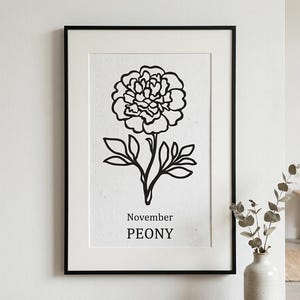 May include: Black framed art print featuring a black and white line drawing of a peony flower. The text "November PEONY" is printed below the flower. The artwork is displayed on a white wall.