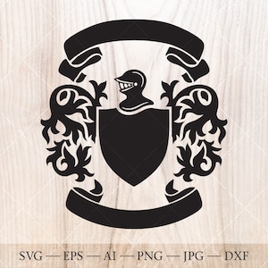 Shield with helmet and ribbons SVG. Family crest logo. Coat of arms svg.