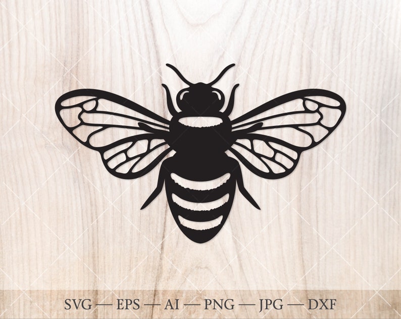 May include: A black silhouette of a bee with detailed wings and a striped body.