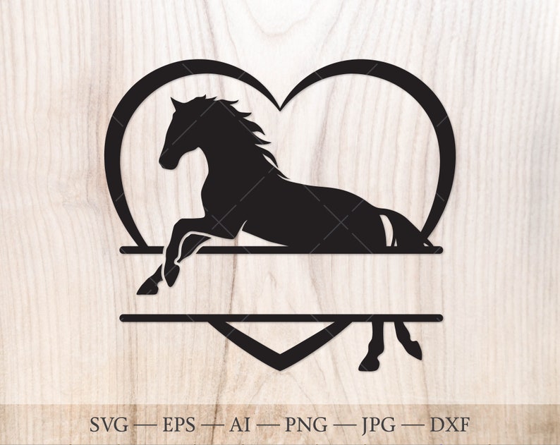 May include: Black silhouette of a horse jumping through a heart shape with a blank space for a name underneath.