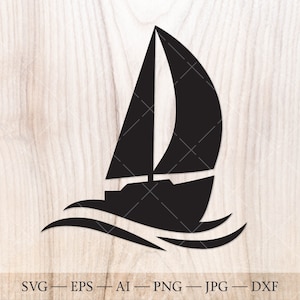 Sailboat with waves SVG, Sailing boat icon SVG. Sail boat svg for marine, ocean, nautical, adventure themed projects.