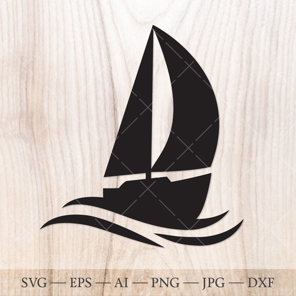 Sailboat with waves SVG, Sailing boat icon SVG. Sail boat svg for marine, ocean, nautical, adventure themed projects.