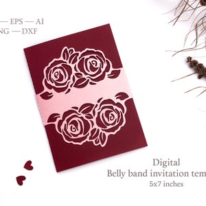 Faire-part de mariage rose Cricut SVG Ventre, modèle SVG 5 x 7 de faire-part de mariage. Carte prédécoupée avec roses. Papier découpé, pochoir découpé au laser camée