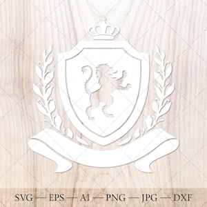 Shield with lion, crown, laurel wreath SVG in white color. Family crest SVG. Coat of arms svg.