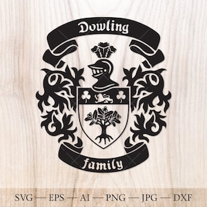 Stemma della famiglia Dowling. Stemma svg. Scudo araldico con agrifoglio, leone e trifogli, stendardi a nastro SVG.