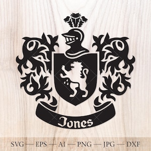 Jones Family Crest SVG • Coat of Arms Vector for Cricut & Laser • Heraldic Shield with Ribbon • Jpg Png Dxf Eps10 AI