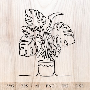 May include: Line art illustration of a potted monstera plant with five leaves. The plant is in a simple pot with a wavy rim.