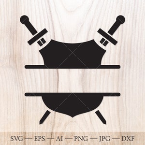 May include: Black and white silhouette of a shield with two crossed swords behind it. The shield has a space for text in the center.