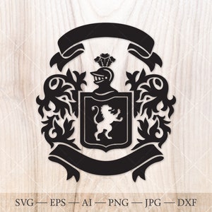 Family crest SVG template. Shield with lion, knight helmet, florals and ribbon banner SVG. Coat of arms svg.