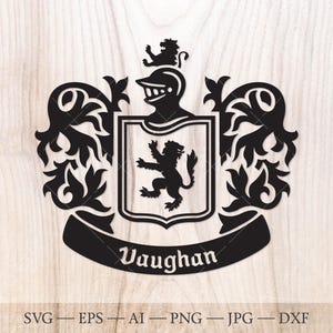 Escudo de la familia Vaughan. Escudo de armas SVG. Escudo heráldico con león, estandarte de cinta SVG.