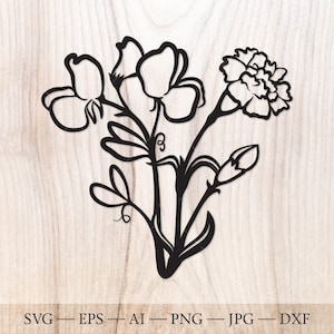 Birth Flowers Sweet pea and Carnation SVG. Birth month flower outline drawing. Birthday flower clipart, birth flower art