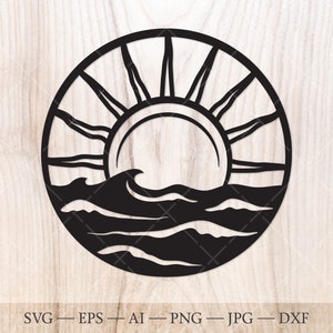 Sun and ocean waves SVG Cut File. Sunset over ocean svg. Sunrise svg, Sunset svg, sea svg, sunset on water svg.