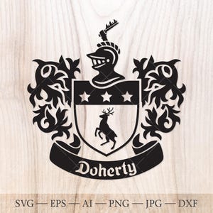 May include: Black and white family crest design featuring a helmet, stars, and a deer. The word "Doherty" is displayed on a banner below the crest. The design is set against a light wood grain background.