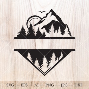 Mountain, sun and forest Monogram SVG, Forest Split Name Frame SVG Cut File. Mountains svg, Forest svg. Outdoors svg