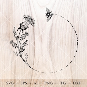 Svg de cadre monogramme chardon abeille. Svg de couronne de fleurs, bourdon avec cadre de fleurs de chardon svg. Couronne de fleurs svg