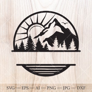 Mountain, sun, lake and forest Monogram SVG, Forest Split Name Frame SVG Cut File. Mountains svg, Forest svg. Outdoors svg