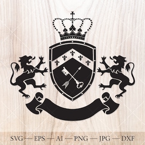 Knight shield with lions, crown and ribbon SVG. Coat of arms clipart. Family clipart crest logo.