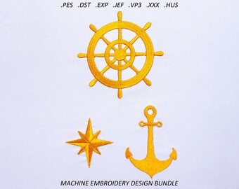 Peut inclure: Un ensemble de motifs de broderie machine avec des symboles nautiques dorés. Le motif comprend un gouvernail, une étoile et une ancre. Le texte en bas indique "MACHINE EMBROIDERY DESIGN BUNDLE".