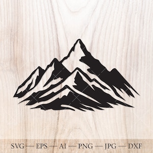 May include: Black silhouette of a mountain range with multiple peaks. The mountain range is a simple design with a minimalist style.