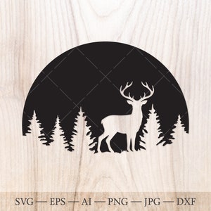 Hirschjäger SVG, Jagd svg. Hirsch SVG, Hirsch und Wald SVG Schnittdatei. Wald svg, Kiefernbäume svg, Wald svg. Im Freien reisen svg