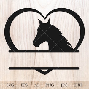 Paardenhart SVG, paard split naamlijst SVG, paard monogram gesneden bestand. Paard liefde svg-illustraties, paardenhoofd svg, paardensport SVG, paard clipart