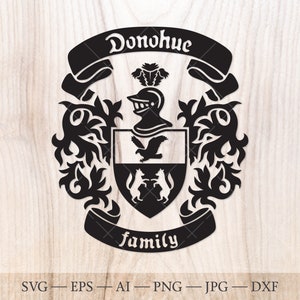 Blason de la famille Donohue. Armoiries svg. Bouclier héraldique avec aigle et deux renards, bannières en ruban SVG.
