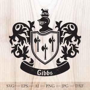 May include: Black and white vector illustration of a coat of arms with a knight's helmet, a shield with three axes, and a banner with the text "Gibbs".