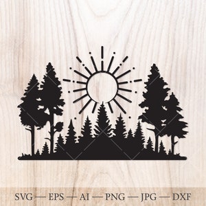 Foresta e sole in formato SVG, file di taglio in formato SVG di sagoma limite del bosco. Pino in formato svg, boschi in formato svg. Silhouette albero della foresta in formato SVG, foresta sempreverde in formato SVG