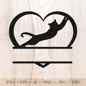 Chat coeur SVG, chat Split nom cadre SVG, chat monogramme coupe fichier. Chat amour svg clip art, svg tête de chat, félin SVG, clipart chat
