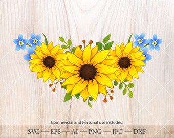 Sonnenblumenstrauß SVG. Sonnenblume Clipart. Blumenrahmen, Kranz