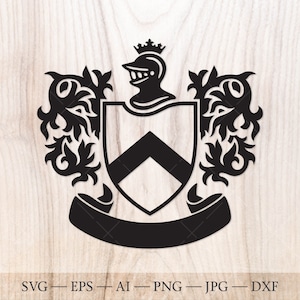 Family crest SVG template. Shield with helmet, crown and ribbon SVG. Coat of arms svg.