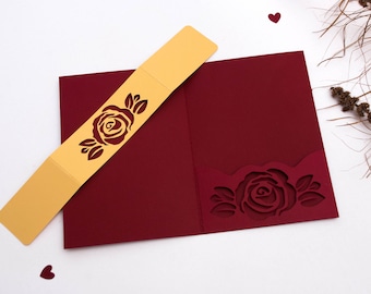 Cricut SVG Belly band and Pocketfold Card rose wedding invitation 5x7 SVG template. Pocketfold Card with roses.