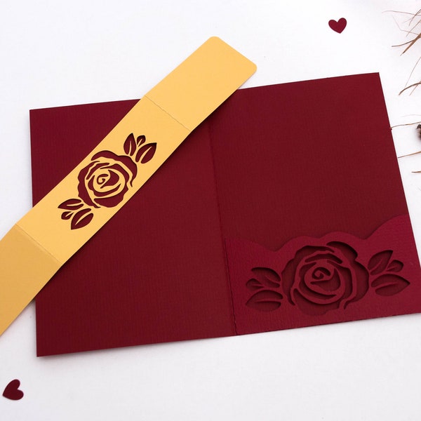 Cricut SVG Belly band and Pocketfold Card rose wedding invitation 5x7 SVG template. Pocketfold Card with roses.