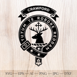 Insigne d'écusson Crawford SVG avec cerf et croix, svg du clan écossais, écusson familial svg. Armoiries svg. SVG héraldique. Emblème du clan svg