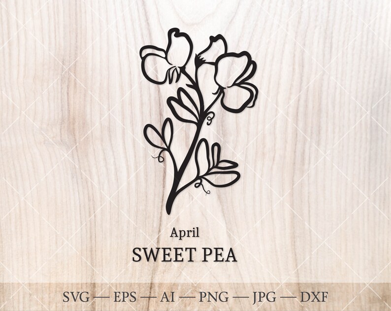 May include: Black and white line art illustration of a sweet pea flower with the text "April SWEET PEA" below.