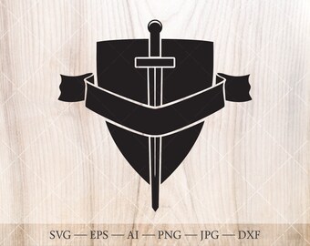 May include: A black shield with a sword through it and a banner across the front. The sword is centered vertically and the banner is blank. The image is a vector graphic with the file types SVG, EPS, AI, PNG, JPG, and DXF.