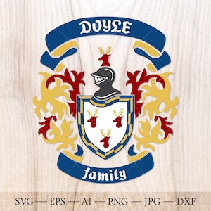 Escudo de la familia Doyle. Escudo de armas svg. Escudo heráldico con tres cabezas de ciervo, estandartes de cinta SVG. Versión en color