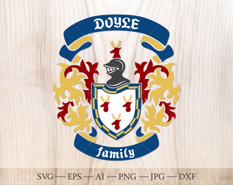 Doyle Family Crest SVG, Heraldic Coat of Arms, Stag Heads (digital ...