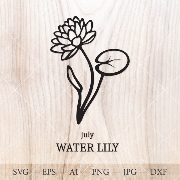 Water Lily SVG, July Birth Flower SVG. Birth month flower water Lily drawing. Birthday flower clipart