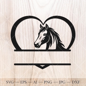 May include: A black horse head silhouette inside a heart-shaped frame, with a horizontal banner below for custom text. The image includes file type abbreviations: SVG, EPS, AI, PNG, JPG, and DXF.